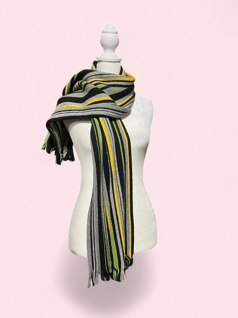 Striped Knit Scarf - Black, Gray & Yellow